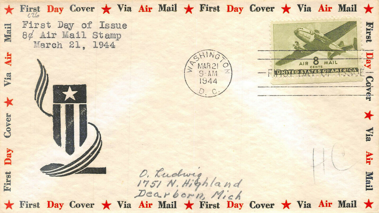 Air Mail Bordered General Purpose cachet GP#Border14a on Scott #C26-NIM7 Air Mail Bordered General Purpose cachet GP#Border14a on Scott #C26-NIM7